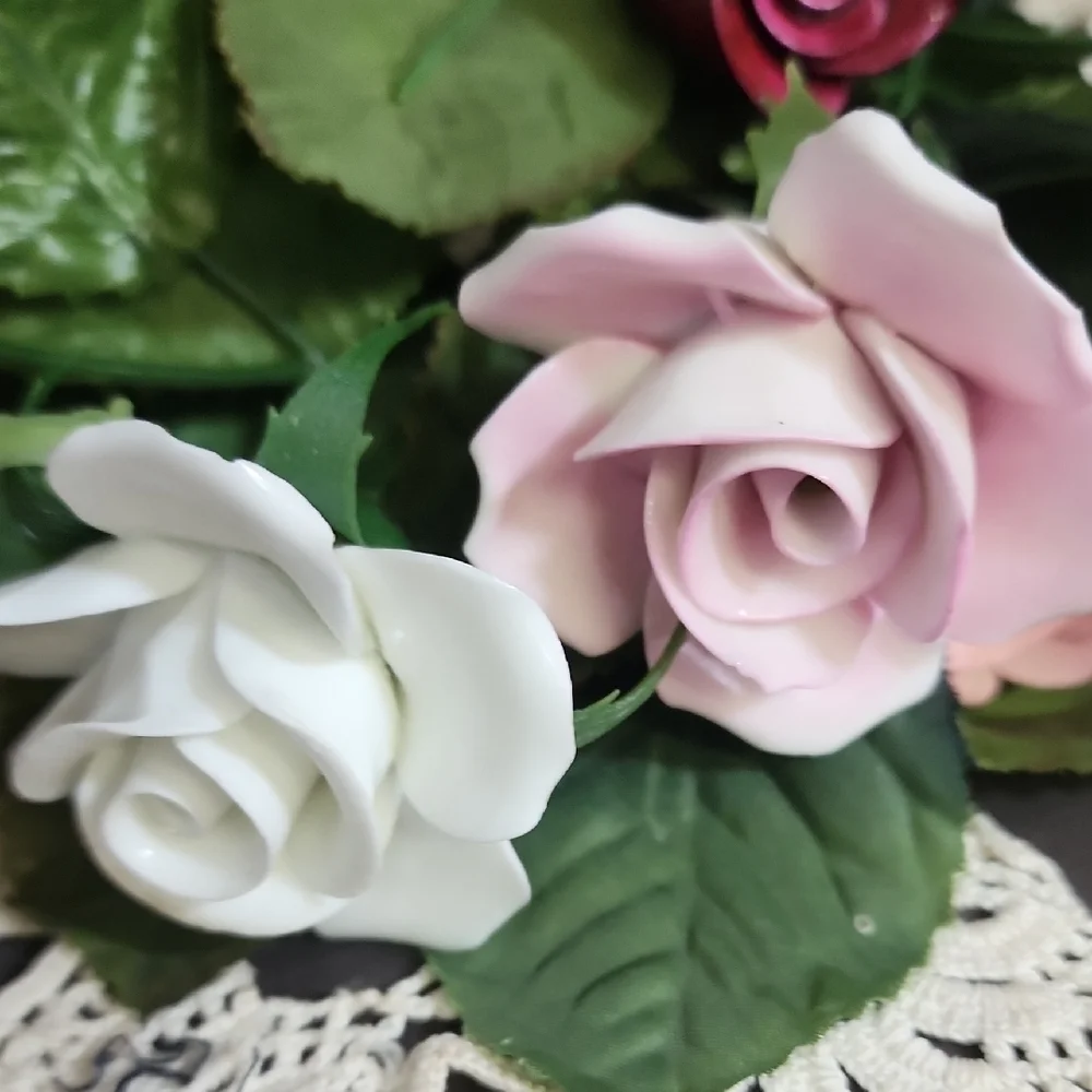 Vtg Porcelain Floral Arrangement with Pink and White Roses